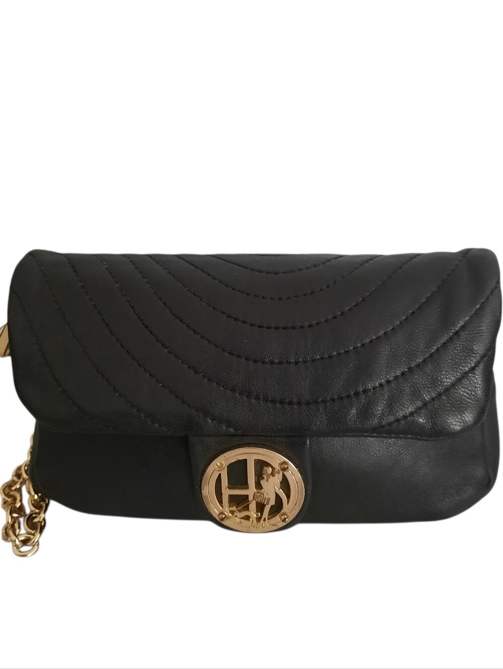 HENRI BENDEL No. 7 Black Leather Wristlet Clutch Zip Top w/Quilted Flap